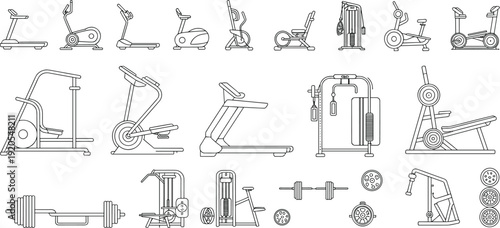 Gym equipment outline set, fitness machines collection, cardio and strength training icons, sports workout line art, flat vector illustration