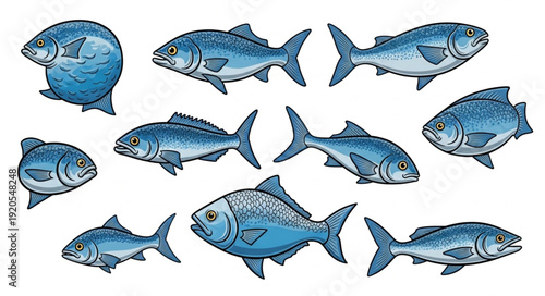 Collection of Blue Fish Illustrations on White Background.