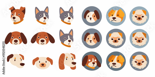 Collection of adorable australian shepherd dog head illustrations in circular frames