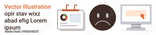 Workflow management, digital feedback, business analytics, emotional responses, online tools, office tasks. Calendar with chart, sad face computer with click icon. Workflow management and digital