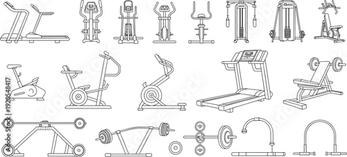 Gym fitness equipment line icons set, cardio machines and strength training devices, workout collection, flat vector illustration