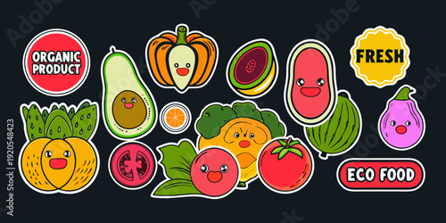 Colorful assortment of cartoon fruits and vegetables with sticker designs