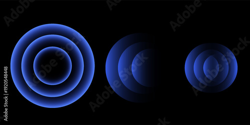 Sonic waves, WiFi signal glowing elements, radar sensor light effects, round wireless network neon symbols. Vector illustration.
