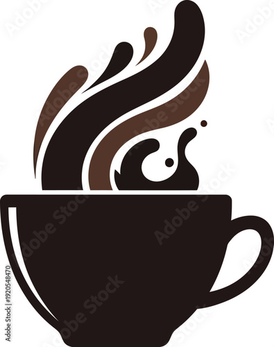 Stylized illustration of a black coffee cup with a dynamic energetic splash of dark brown and black liquid erupting upwards symbolizing a vibrant morning beverage and creative