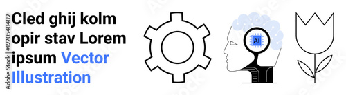 Gear for industry, human head with AI chip for intelligence and tech, flower for growth and creativity. Ideal for technology, AI, innovation, industry, education, creativity simple landing page