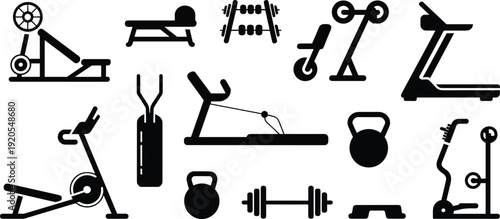 Gym fitness equipment icons set, treadmill dumbbell kettlebell machines collection, workout training symbols, flat vector illustration