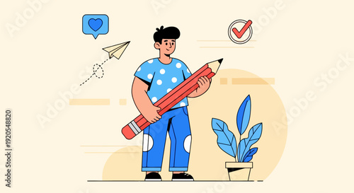 Man Holding Large Pencil Creative Content Writing and Content Marketing Concept, Flat Vector Illustration