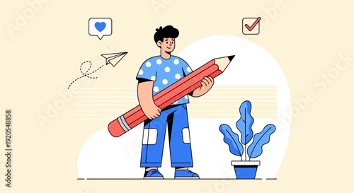 Cartoon boy holding a giant pencil symbolizing creative writing and online communication Flat illu EPS10 Stock.eps