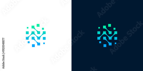 Abstract digital network technology logo design with interconnected squares in blue and green gradient