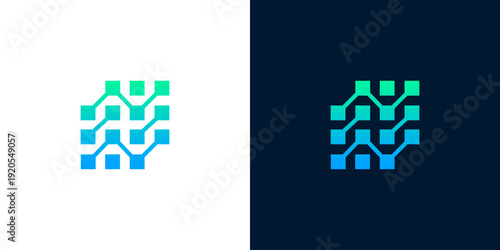Abstract digital network logo with interconnected nodes and vibrant green-to-blue gradient. Symbolizing modern technology, data flow, and innovative communication branding