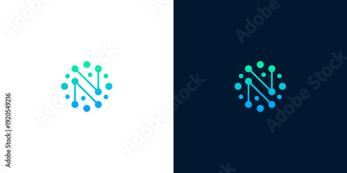 Abstract 'N' logo design with connected dots forming a circular network pattern on white and dark backgrounds