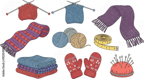 Hand drawn knitting and needlework vector collection featuring wool yarn balls knitting needles winter mittens warm scarves measuring tape and pincushion for hobby crafts.
