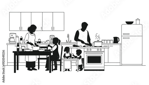 Family cooking together in a modern kitchen