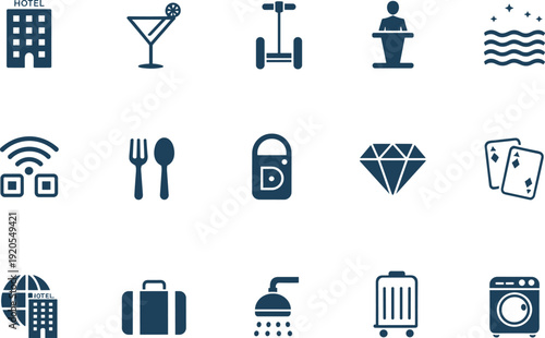Hotel and travel service icons set, tourism hospitality symbols collection, flat vector illustration for vacation and leisure