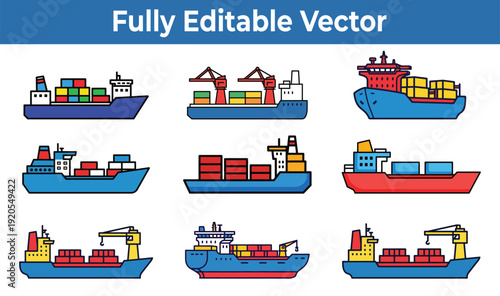 Minimalist set of cargo ship icons, 2d flat vector illustration container freighter vessels for global shipping and logistics.