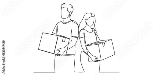 Continuous line drawing of a young couple standing back to back while carrying cardboard boxes Vector, illustration
