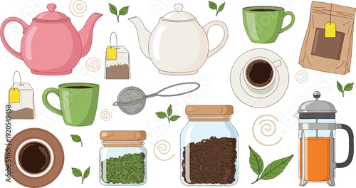 Hand drawn tea and coffee vector set featuring pink teapot French press coffee mugs tea bags glass jars and loose leaf tea leaves.
