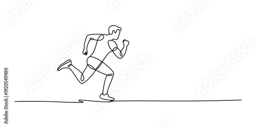 Single continuous line drawing of a male athlete running fast on a white background Vector, illustration