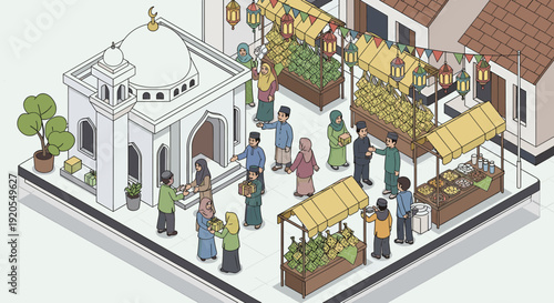 Vibrant Isometric Community Festival Mosque, Bustling Market Stalls, and Diverse People Engaging in Festive Interactions and Local Commerce