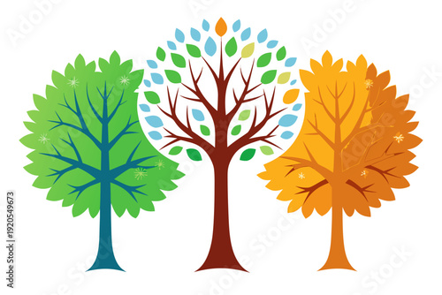 A contemporary flat design illustration presents three different trees, one with uniform green leaves, another with mixed colorful leaves, and a third with warm autumn foliage.