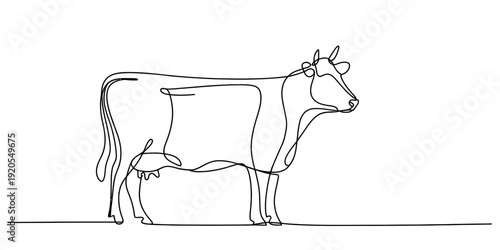 Continuous line drawing of a cow standing on a horizontal line against a white background. Vector, illustration