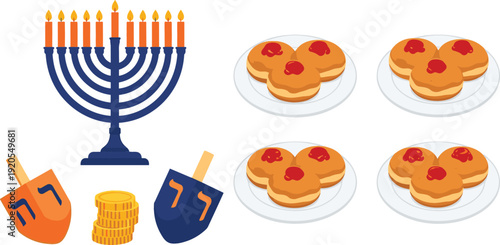 Hanukkah vector icon collection featuring traditional Hanukkiah menorah with lit candles dreidel spinning tops chocolate gelt coins and sweet sufganiyot jelly donuts isolated.