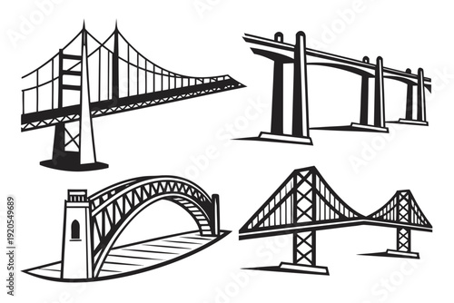 A dynamic black and white line art illustration displays four different types of bridges, including suspension and arch designs, rendered with varying perspectives.