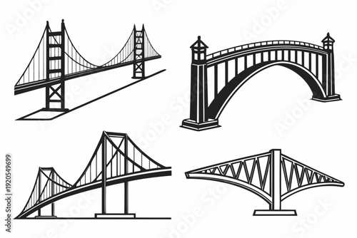 A diverse compilation of four different black and white line art bridge designs, featuring various architectural styles like suspension and arch bridges.