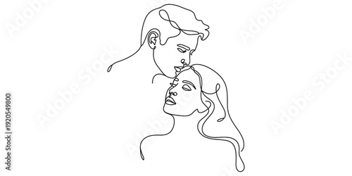 Minimalist continuous line drawing of a romantic couple with a man kissing a woman's forehead Vector, illustration