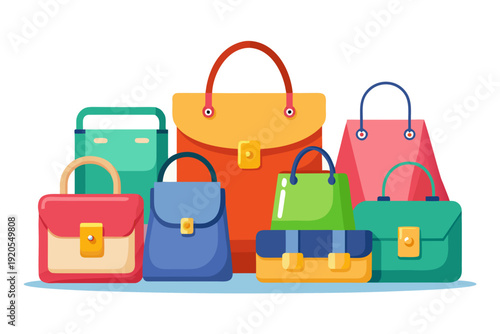 A charming assortment of various flat design handbags and purses in bright, appealing colors are stylishly presented as an attractive fashion accessories display.