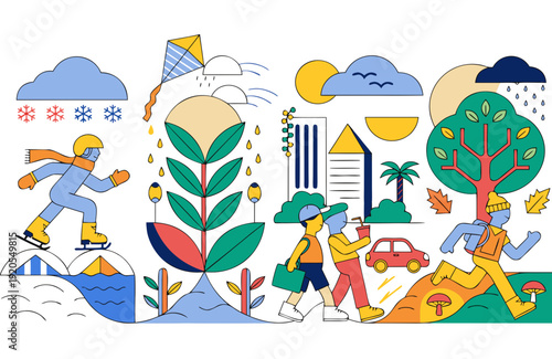 Wallpaper Mural A comprehensive flat design illustration depicts diverse activities and landscapes across the four distinct seasons: winter, spring, summer city scenes, and autumn. Torontodigital.ca