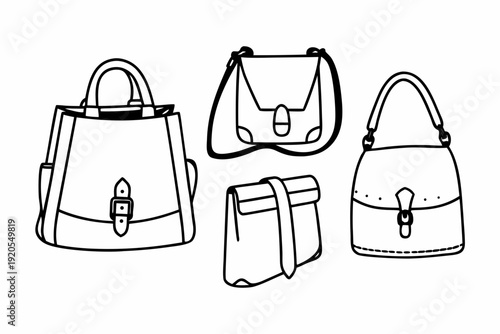 Wallpaper Mural Four distinct black and white outline drawings depict various women's handbags, showcasing styles such as tote, cross-body, clutch, and shoulder bags. Torontodigital.ca