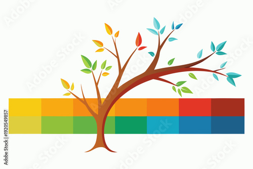Wallpaper Mural A stylized illustration presents a vibrant tree with multi-colored leaves, standing elegantly above a horizontal spectrum of gradient colors mirroring the foliage's diverse palette. Torontodigital.ca