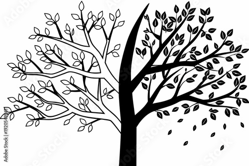 A minimalistic black and white illustration depicts a tree where one half is full of detailed leaves, while the other half shows bare, simplified branches.