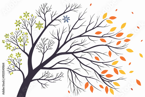 A vibrant illustration of a tree visually represents the changing four seasons, featuring green spring leaves, a winter snowflake, and orange autumn leaves falling from branches.