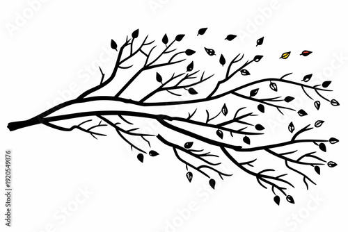 A minimalistic black and white illustration depicts a bare tree branch with sparse leaves, some visibly falling, including one distinct yellow leaf that stands out.