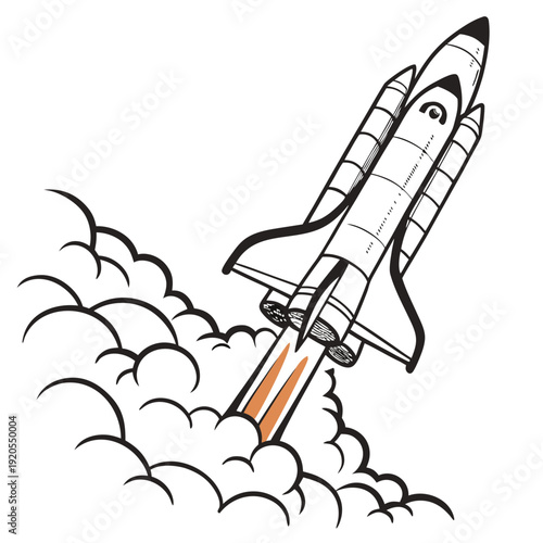 Of a space shuttle rocket launching into clouds black and white