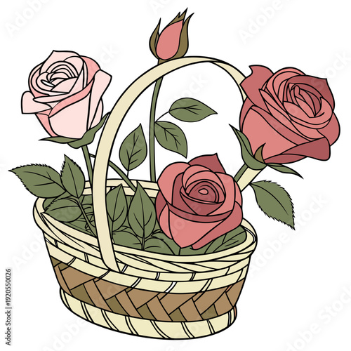 Pink and red roses in woven basket with handle pink roses