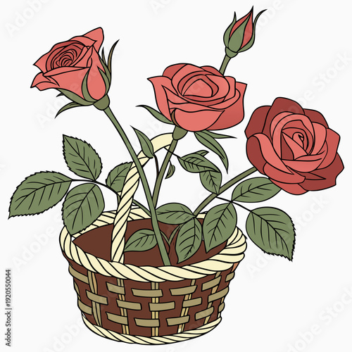 Red roses in a woven basket flowers