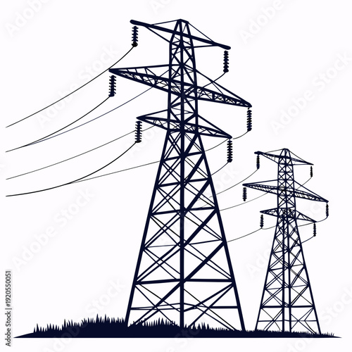 Power transmission towers with wires on white background