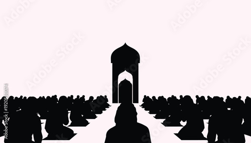 Silhouette of people sitting in front of a mosque