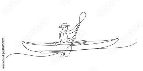 A minimalist line drawing of a person wearing a hat and paddling a kayak on the water. Vector, illustration