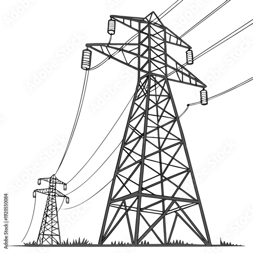 Tension power lines and towers transmission towers