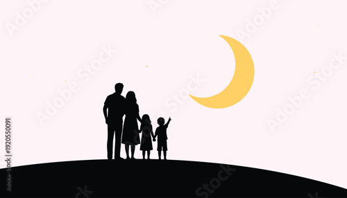 A family stands on a hill under a crescent moon