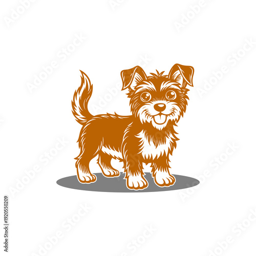 A cute, fluffy brown puppy with big eyes and a wagging tail, standing on a gray shadow.