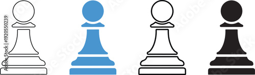 Four different colored chess pawns on white background for strategy game concepts