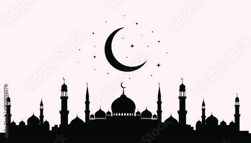A black silhouette of a mosque and crescent moon on a pink background