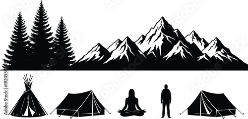Black vector silhouette set of mountain peaks pine trees camping tents a teepee and people for outdoor wilderness travel and nature adventure branding