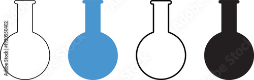 Four different colored laboratory flask icons in white blue black and gray on white background