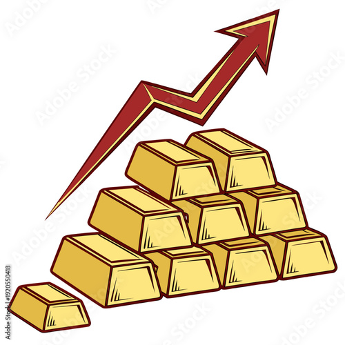 Gold bars stacked with rising red arrow gold blocks 1